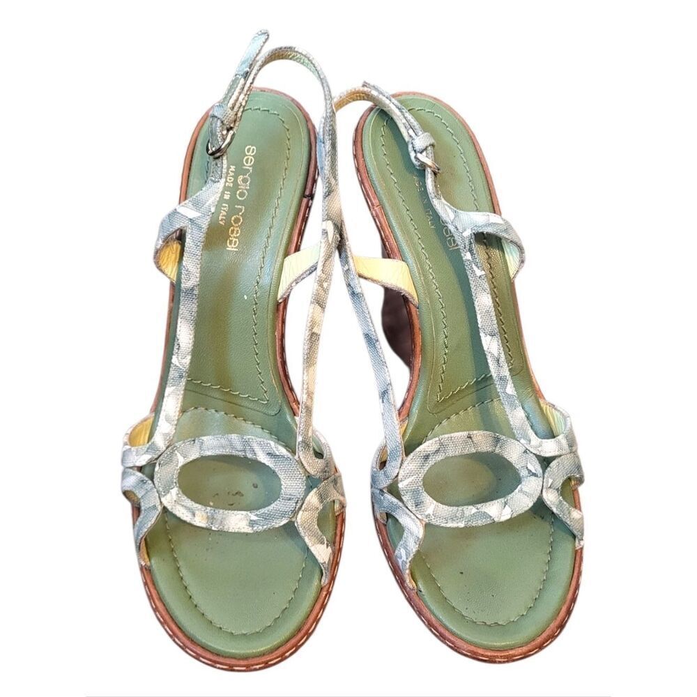 Sergio Rossi Y2K Green Patterned Leather Brown Wood-Look Heel Wedges SZ 39/ 8.5